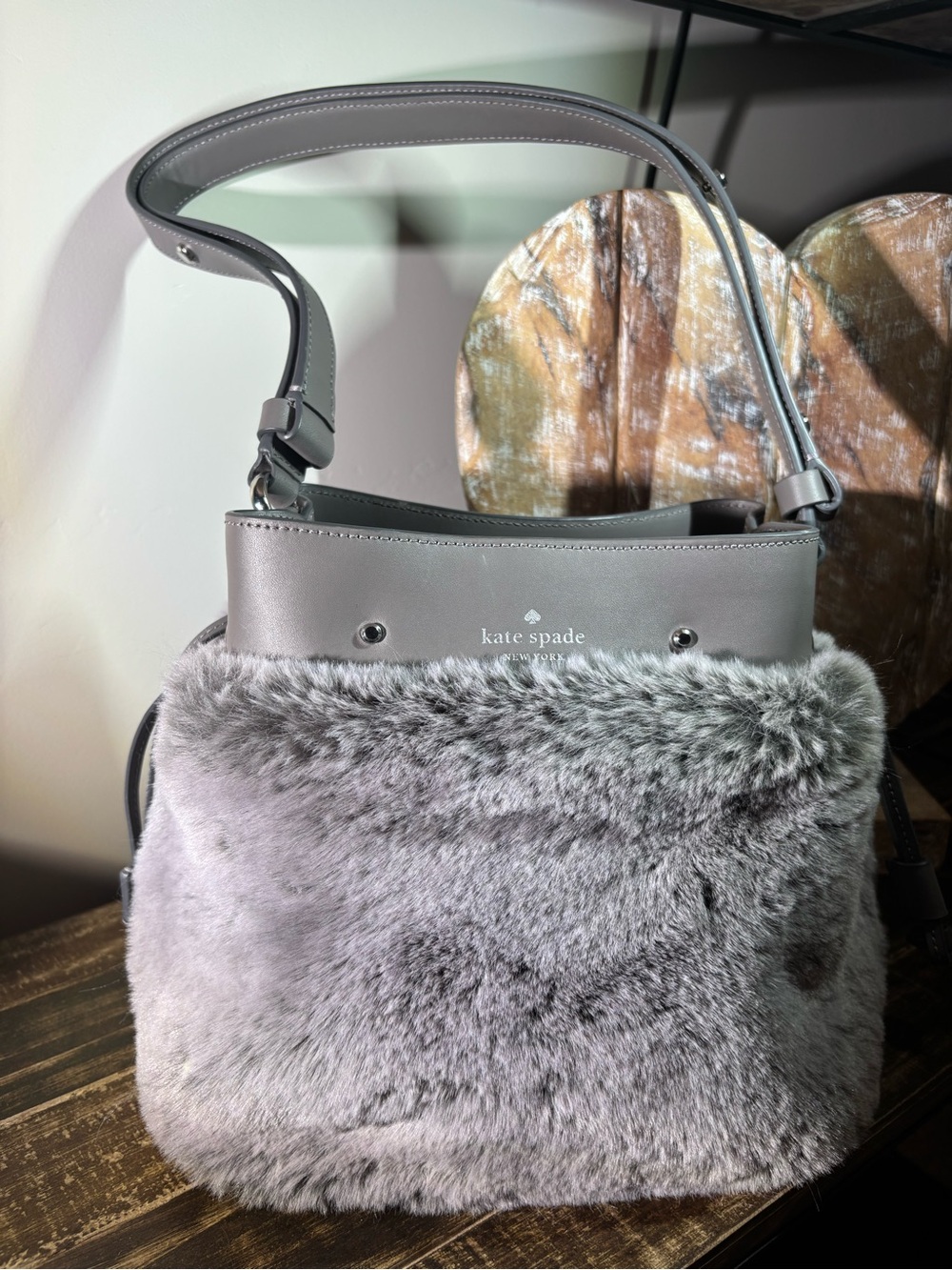 Kate Spade Gray Marti Faux Fur Shoulder Bag Never Used.